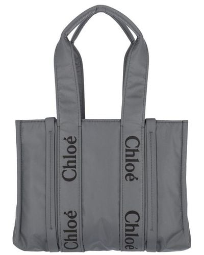Chloé Woody Medium Tote Bag Premium Leather, Raffia Canvas. - Gray