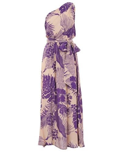 Pinko Floral-printed Off-shoulder Tie Fastened Dress - Purple