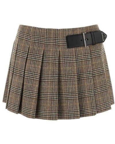 Prada Checked Wool-blend Miniskirt - Brown