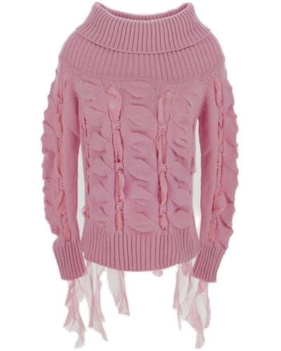 Blumarine Ruffled Off-shoulder Knitted Top - Pink