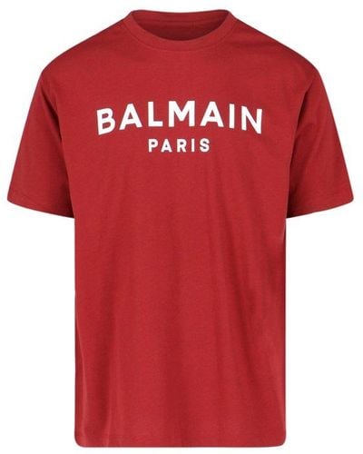 Balmain Logo Printed Canvas T Shirt - Red