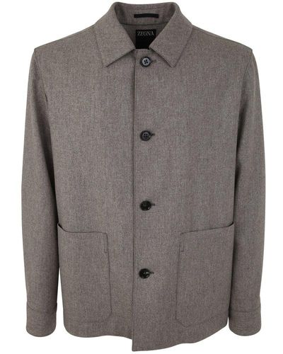 Zegna Long Sleeved Buttoned Overshirt - Grey