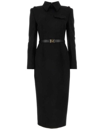 Prada Belted Wool-blend Midi Dress - Black