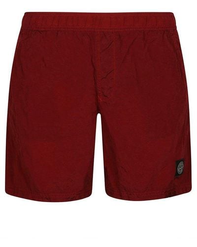 Stone Island Compass-patch Crinkled Finish Swim Shorts - Red