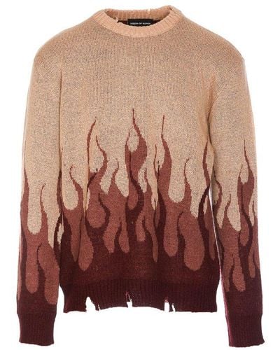 Vision Of Super Flame Intarsia Knitted Distressed Sweater - Brown