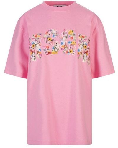 MSGM Floral Logo Printed T-shirt - Pink