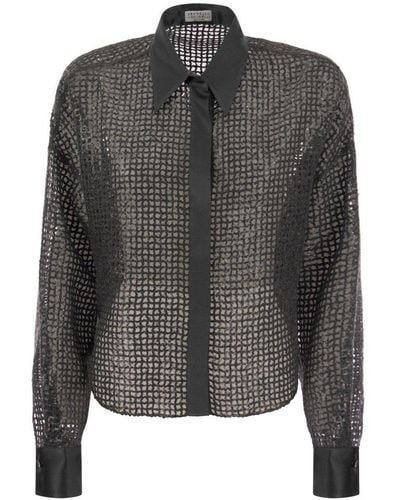 Brunello Cucinelli Silk Dazzling Net Embroidery Shirt - Grey