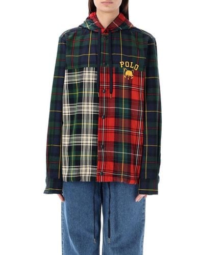 Polo Ralph Lauren Patchwork Plaid Hooded Shirt Jacket - Red