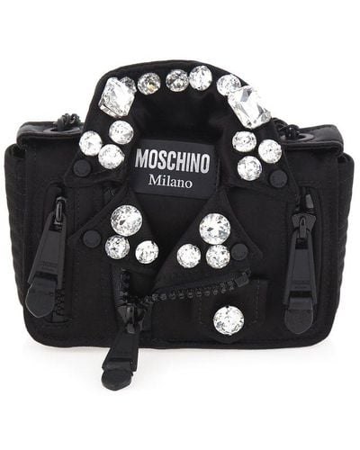 Moschino Logo Printed Embellished Biker Crossbody Bag - Black