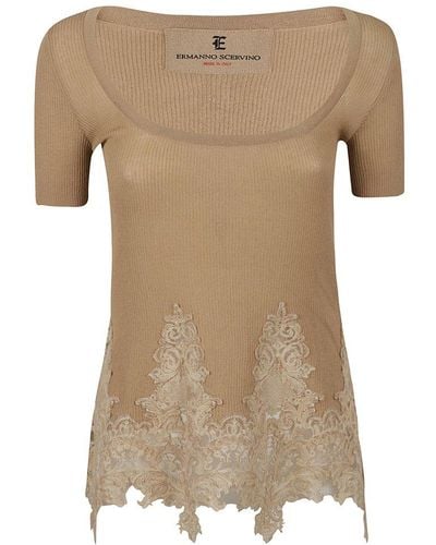 Ermanno Scervino Lace Panelled Wide Neck Knit Top - Natural