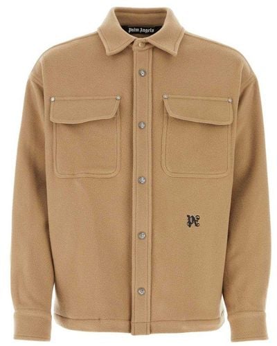 Palm Angels Monogram Embroidered Patch Pocket Overshirt - Natural