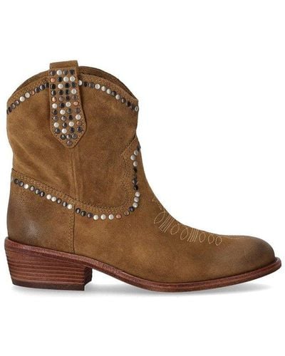 Ash Stud Embellished Embroidered Ankle Boots - Brown