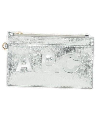 A.P.C. Logo Debossed Zip-up Clutch Bag - White