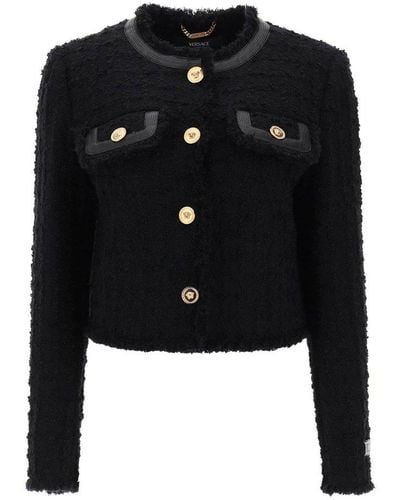 Versace Cropped Jacket In Boucle Tweed - Black