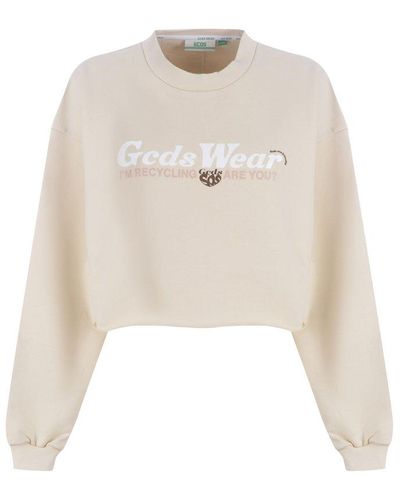 Gcds Logo Print Round Neck Sweaters - Natural