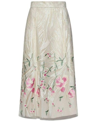 Elie Saab Floral Embroidered High Waist Skirt - White