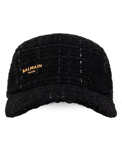 Balmain Logo Plaque Tweed Cap - Black