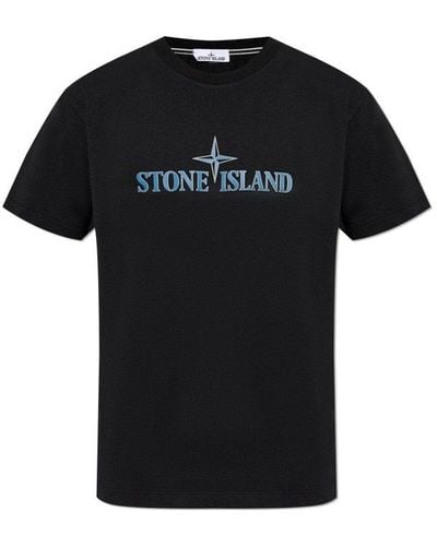 Stone Island Logo Printed Crewneck T-shirt - Black