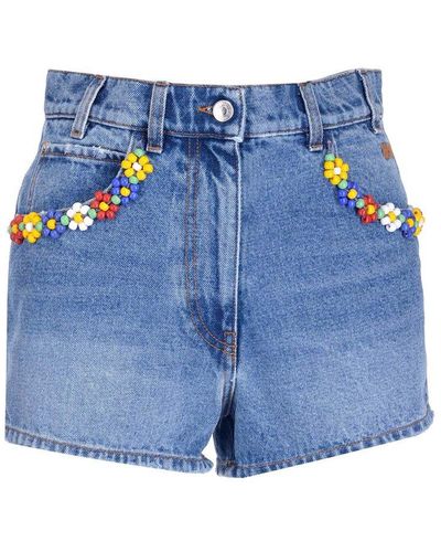 MSGM Floral Detailed Denim Shorts - Blue