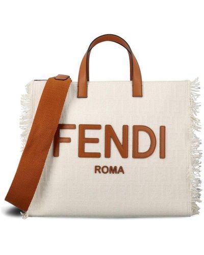 Fendi Logo Emboosed Frayed-edge Tote Bag - Natural