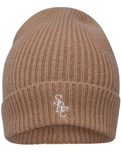 Sporty & Rich Logo Embroidered Ribbed Beanie - Brown