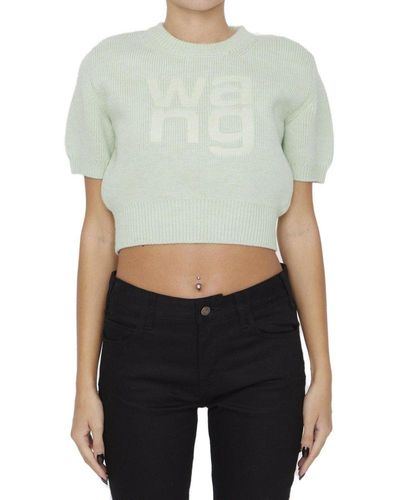 Alexander Wang Logo Embroidered Knitted Cropped Top - Green
