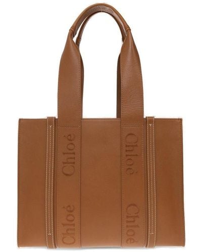 Chloé Chloé Leather Woody Tote Bag, Medium Size - Brown