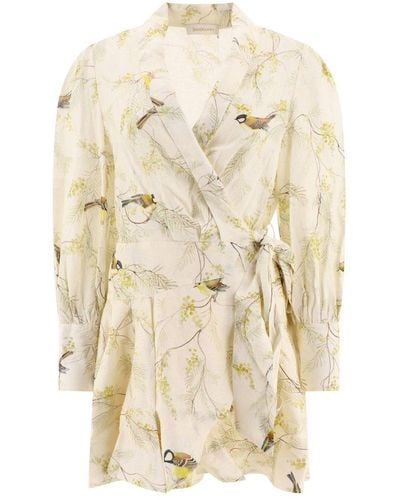 Zimmermann Acacia Birds-printed Tied Waist Mini Dress - Natural