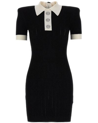 Balmain Ribbed Cotton Polo Mini Dress - Black