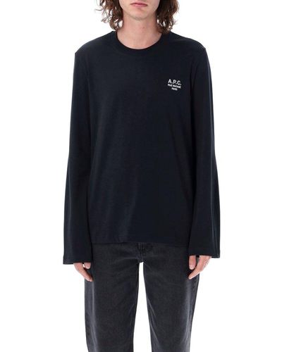 A.P.C. Logo Embroidered Crewneck Long Sleeved T-shirt - Blue