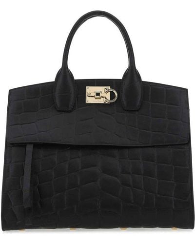 Ferragamo Studio Embossed Top Handle Bag - Black