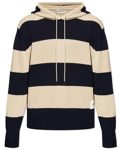 Moncler Striped Drawstring Knitted Hoodie - Blue