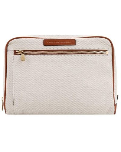 Brunello Cucinelli Canvas And Leather Beauty Case With Logo Patch - Gray