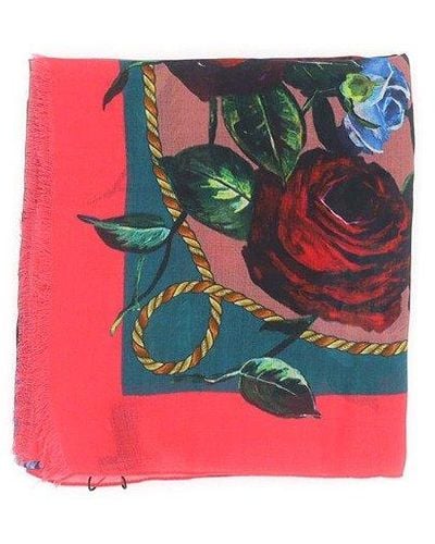 Dolce & Gabbana Floral Printed Frayed Edge Scarf - Red