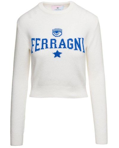 Chiara Ferragni White Long-sleeved Jumper With Contrasting Maxi Logo In Wool Blend Woman - Blue