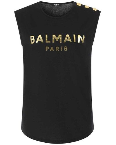 Balmain Metallic Logo Sleeveless Tank Top - Black