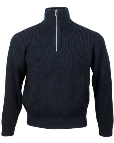 Armani Exchange English Rib Half-zip Jumper Made Of A Wool And Cotton Blend - Blue