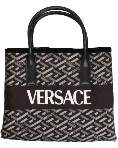 Versace La Greca Pattern Top Handle Tote Bag - Black