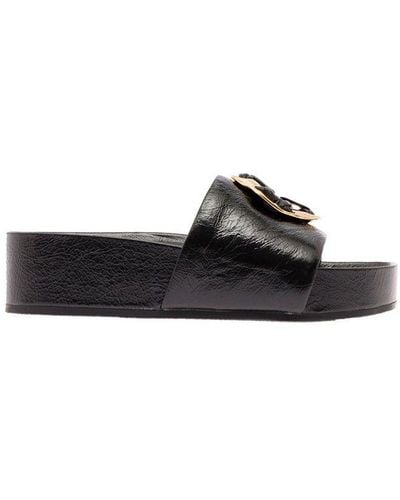 Tory Burch Patos Leather Platform Slide Sandals - Black