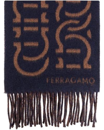 Ferragamo Wool Scarf With Logo - Blue
