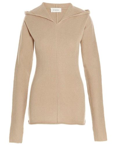 Sportmax V-neck Knitted Hoodie - Natural