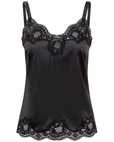 Lace-trimmed Satin Camisole Top - Black - Ladies