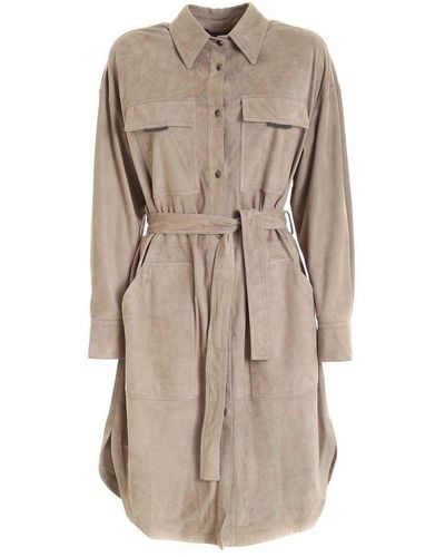 Brunello Cucinelli Trench Coat With Belt In Dove Grey - Brown