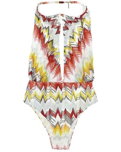 Missoni Patterned One-piece Swimsuit Wide Neckline - White