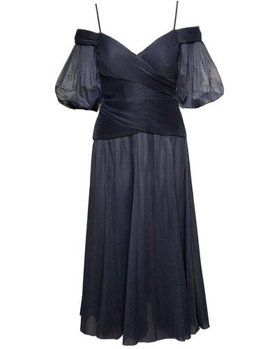 Zimmermann Black Off-shoulder Pleated Midi Dress In Black Chiffon Woman - Blue