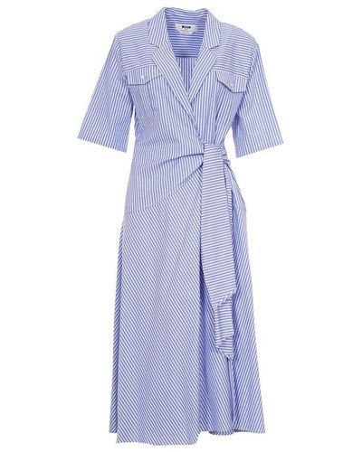 MSGM Bowed Waistline Poplin Midi Dress - Blue