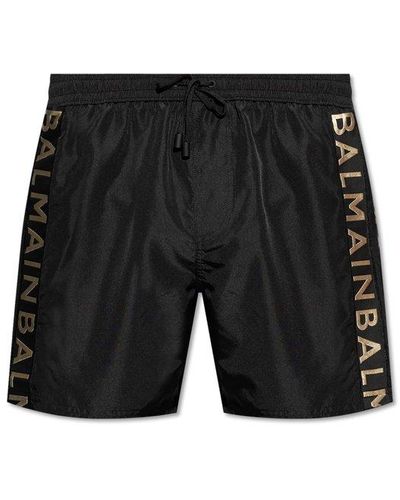 Balmain Logo Detailed Drawstring Swim Shorts - Black