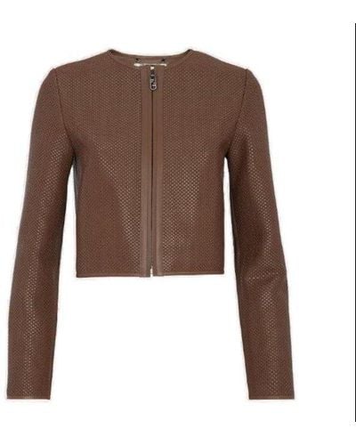 Fendi Collarless Roundneck Leather Jacket - Brown