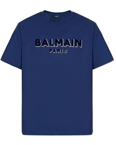 Balmain Logo Printed Crewneck T-shirt - Blue