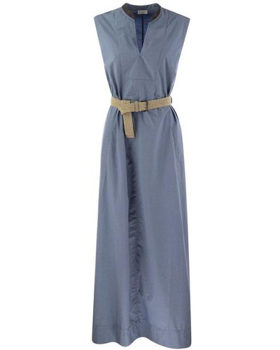 Brunello Cucinelli V-neck Sleeveless Belted Midi Dress - Blue